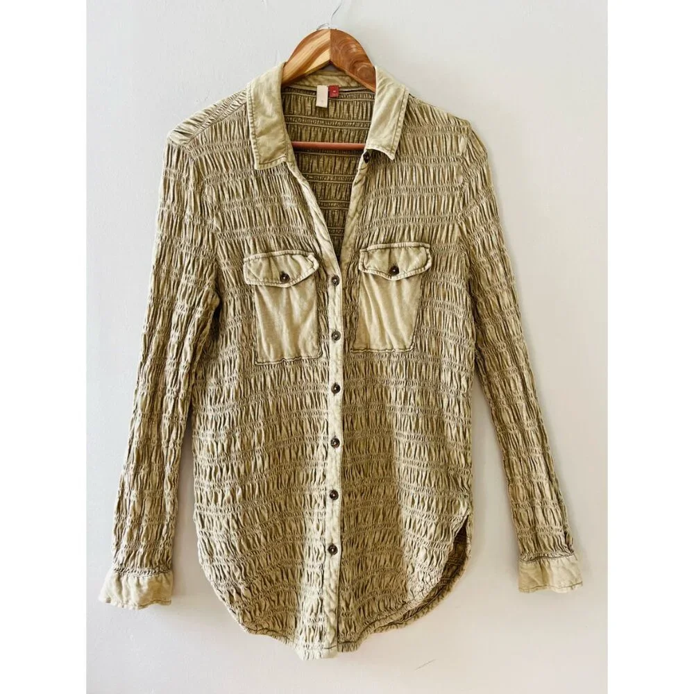 Anthropologie Pilcro XS - S Green Olive Stretch Smocked Shacket Pockets‎ Button